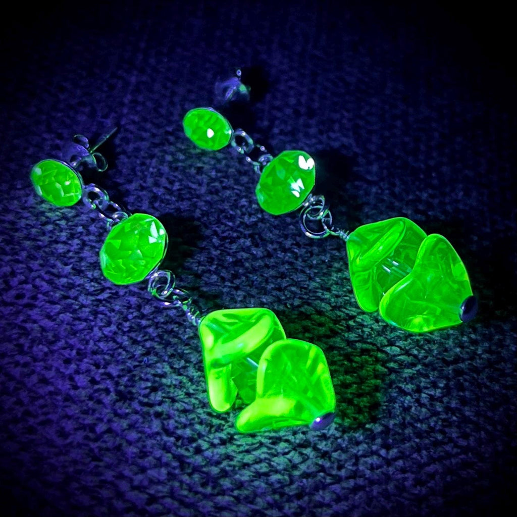 Sterling Silver Yellow & Green Uranium Glass and Crystal Bead Drop Stud Earrings with a UV Reactive Glow UV Jewellery MillyOliverVintage