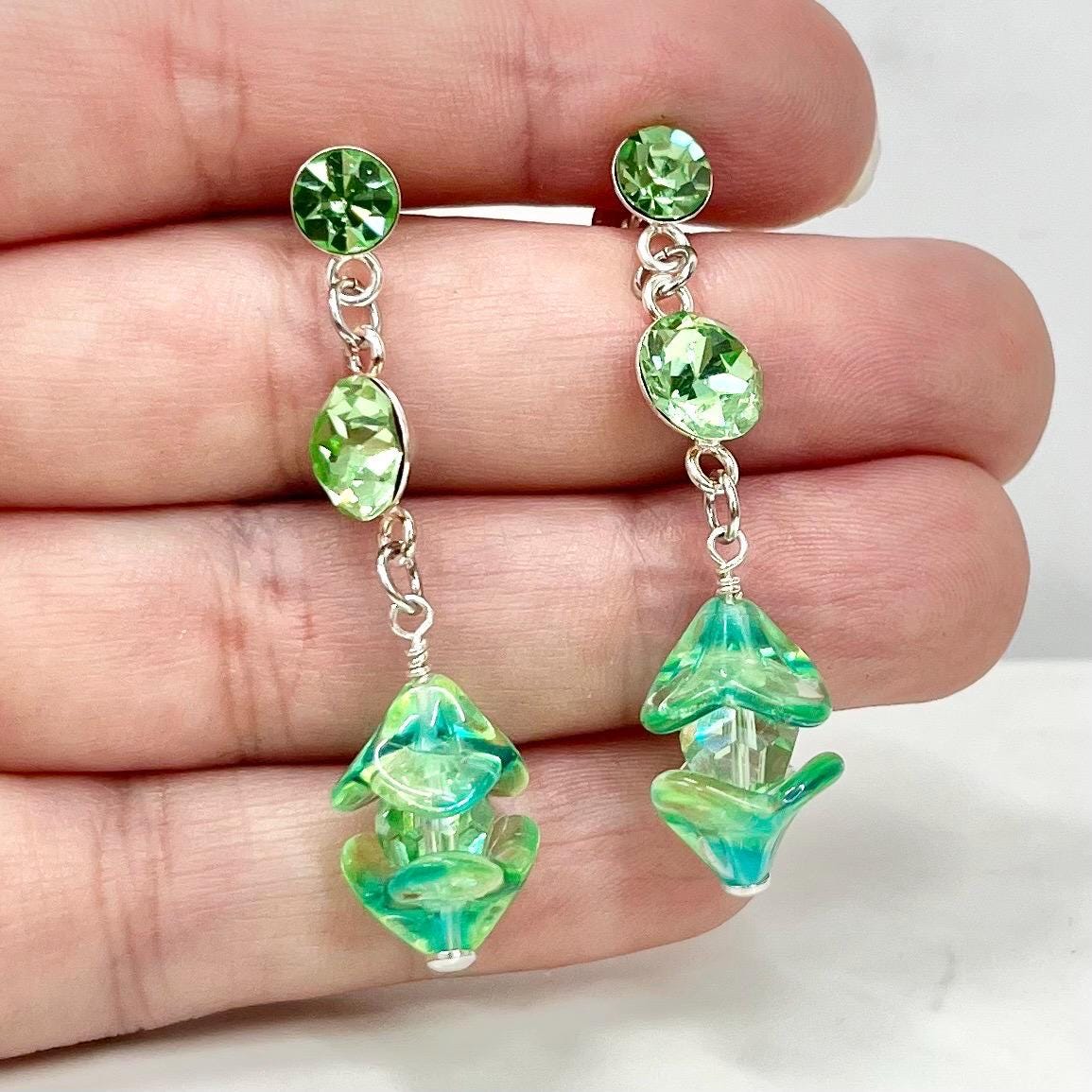 Sterling Silver Yellow & Green Uranium Glass and Crystal Bead Drop Stud Earrings with a UV Reactive Glow UV Jewellery MillyOliverVintage