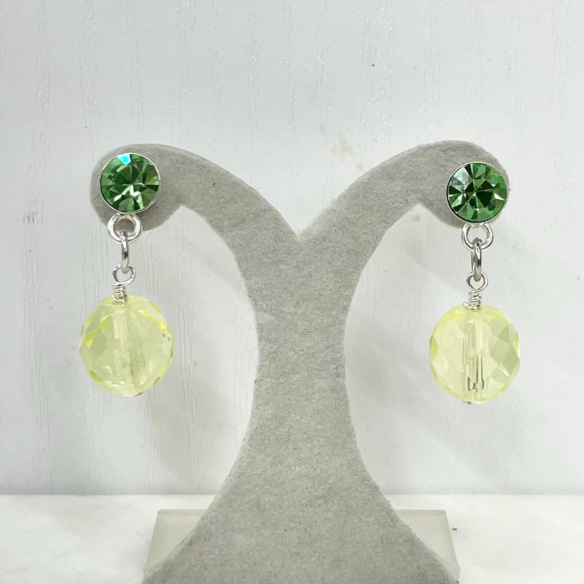 Sterling Silver Yellow & Green Uranium Glass and Crystal Bead Drop Stud Earrings with a UV Reactive Glow MillyOliverVintage