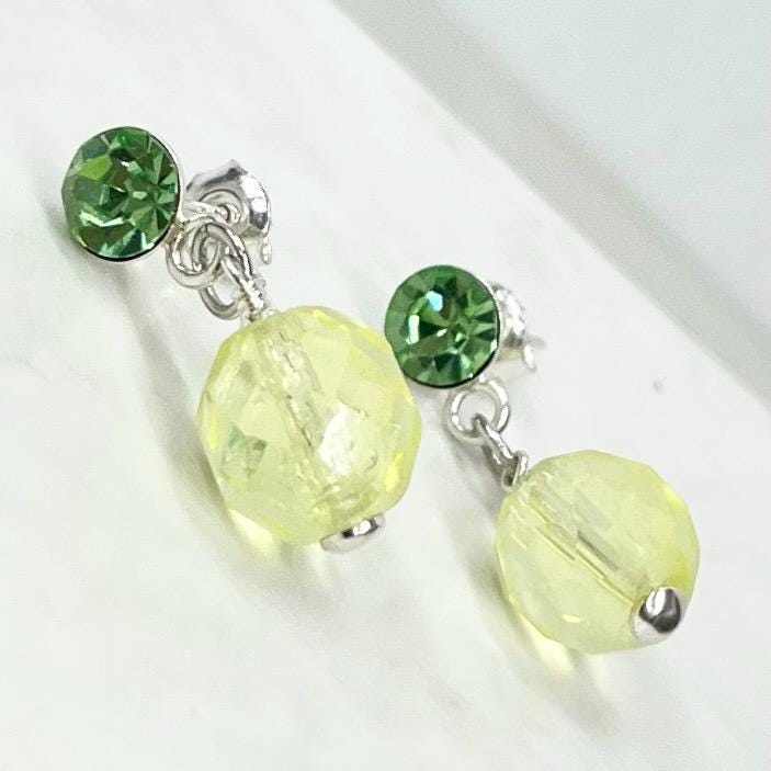 Sterling Silver Yellow & Green Uranium Glass and Crystal Bead Drop Stud Earrings with a UV Reactive Glow MillyOliverVintage