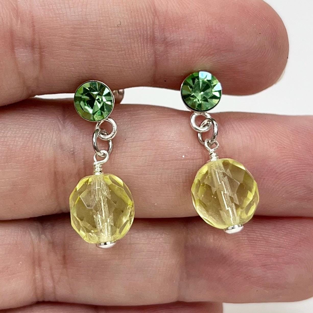 Sterling Silver Yellow & Green Uranium Glass and Crystal Bead Drop Stud Earrings with a UV Reactive Glow MillyOliverVintage