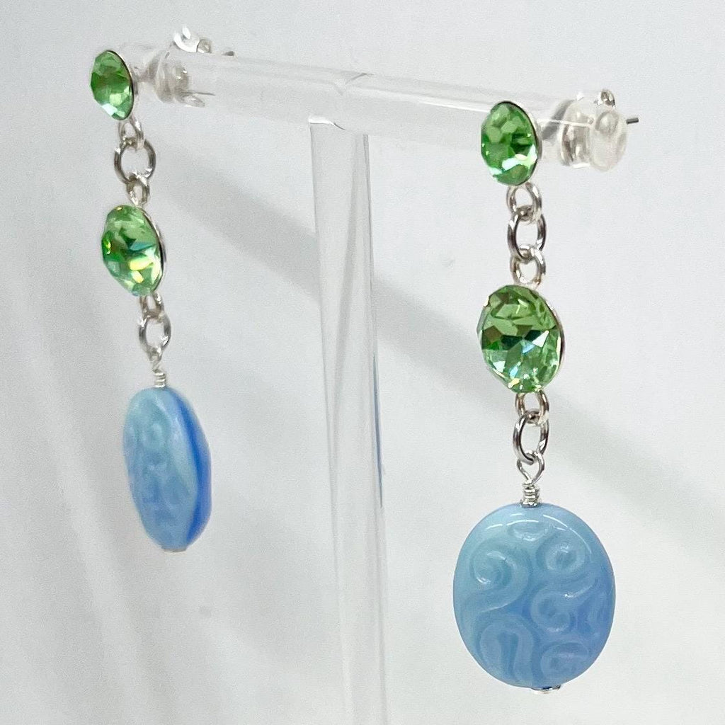 Sterling Silver Blue & Green Uranium Glass and Crystal Bead Drop Stud Earrings with a UV Reactive Glow UV Jewellery MillyOliverVintage