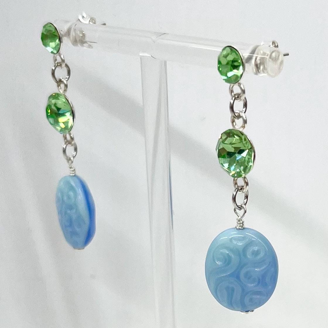 Sterling Silver Blue & Green Uranium Glass and Crystal Bead Drop Stud Earrings with a UV Reactive Glow UV Jewellery MillyOliverVintage