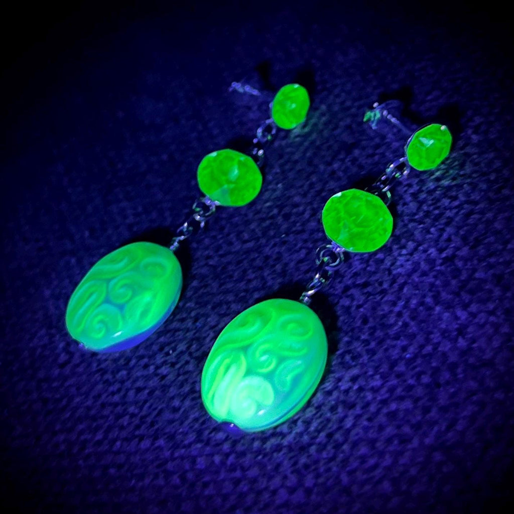 Sterling Silver Blue & Green Uranium Glass and Crystal Bead Drop Stud Earrings with a UV Reactive Glow UV Jewellery MillyOliverVintage