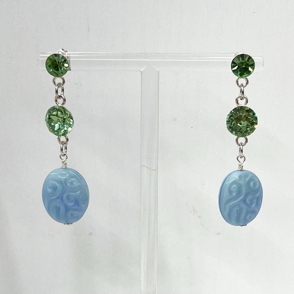 Sterling Silver Blue & Green Uranium Glass and Crystal Bead Drop Stud Earrings with a UV Reactive Glow UV Jewellery MillyOliverVintage
