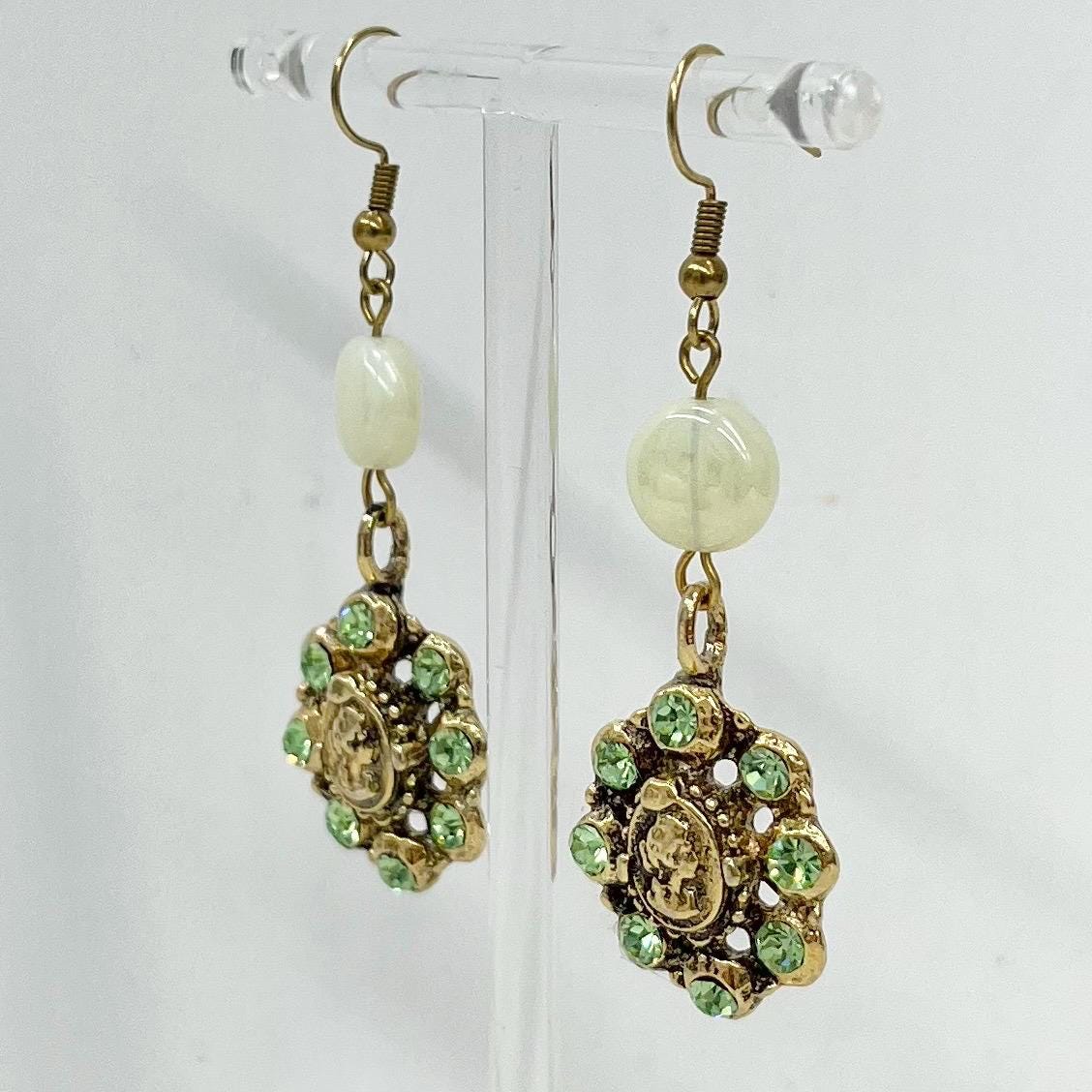 Yellow Uranium Glass Bead & Crystal Drop Cameo Gold Tone Earrings MillyOliverVintage