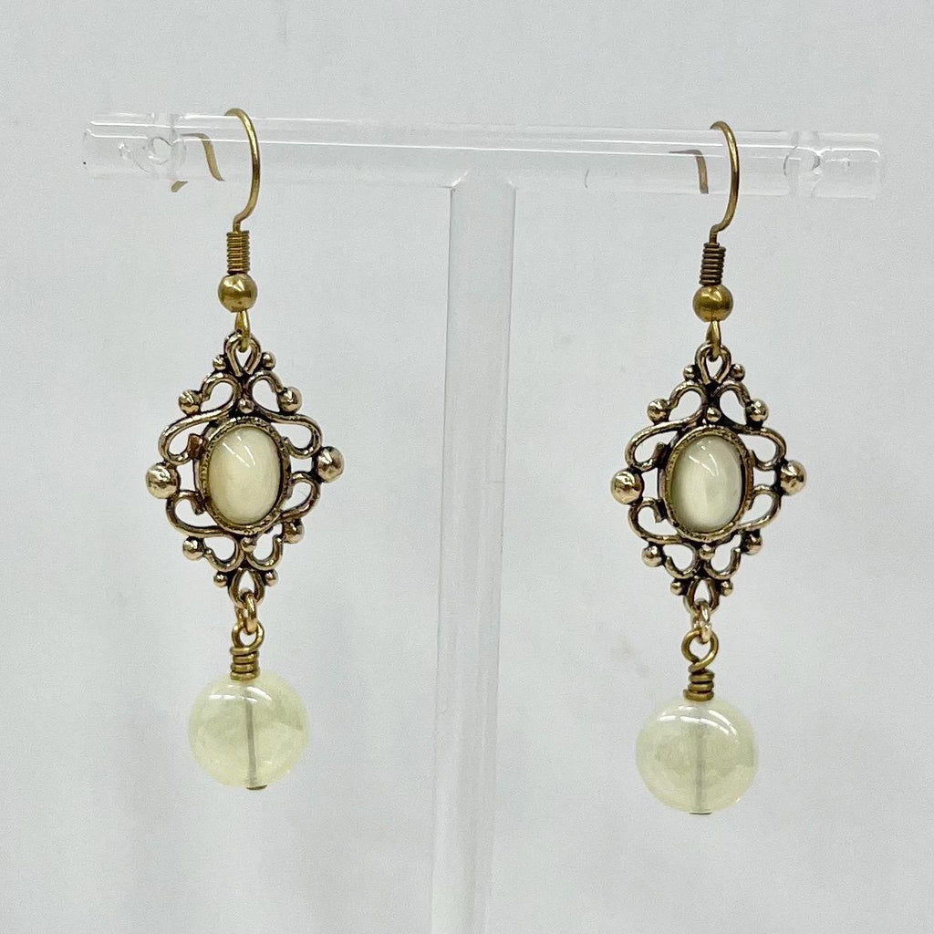 Victorian Style Yellow Uranium Glass Bead Drop Gold Tone Earrings MillyOliverVintage