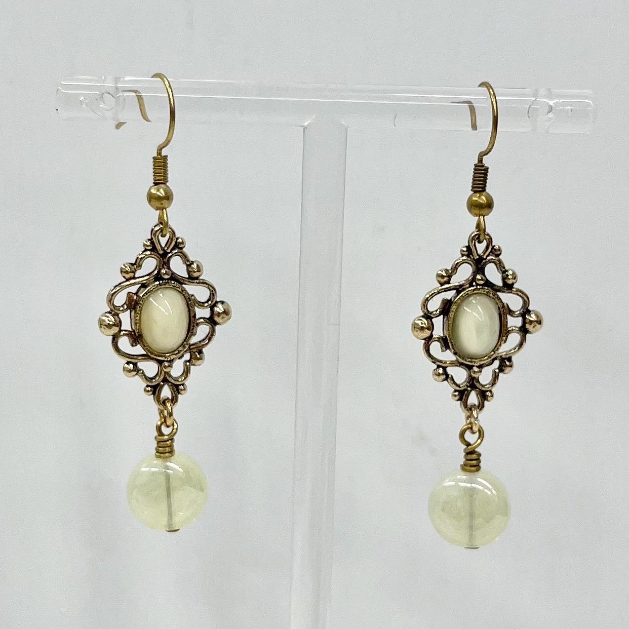 Victorian Style Yellow Uranium Glass Bead Drop Gold Tone Earrings MillyOliverVintage