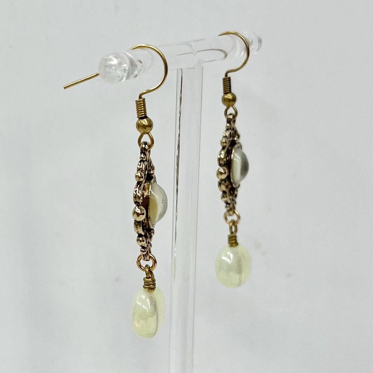 Victorian Style Yellow Uranium Glass Bead Drop Gold Tone Earrings MillyOliverVintage