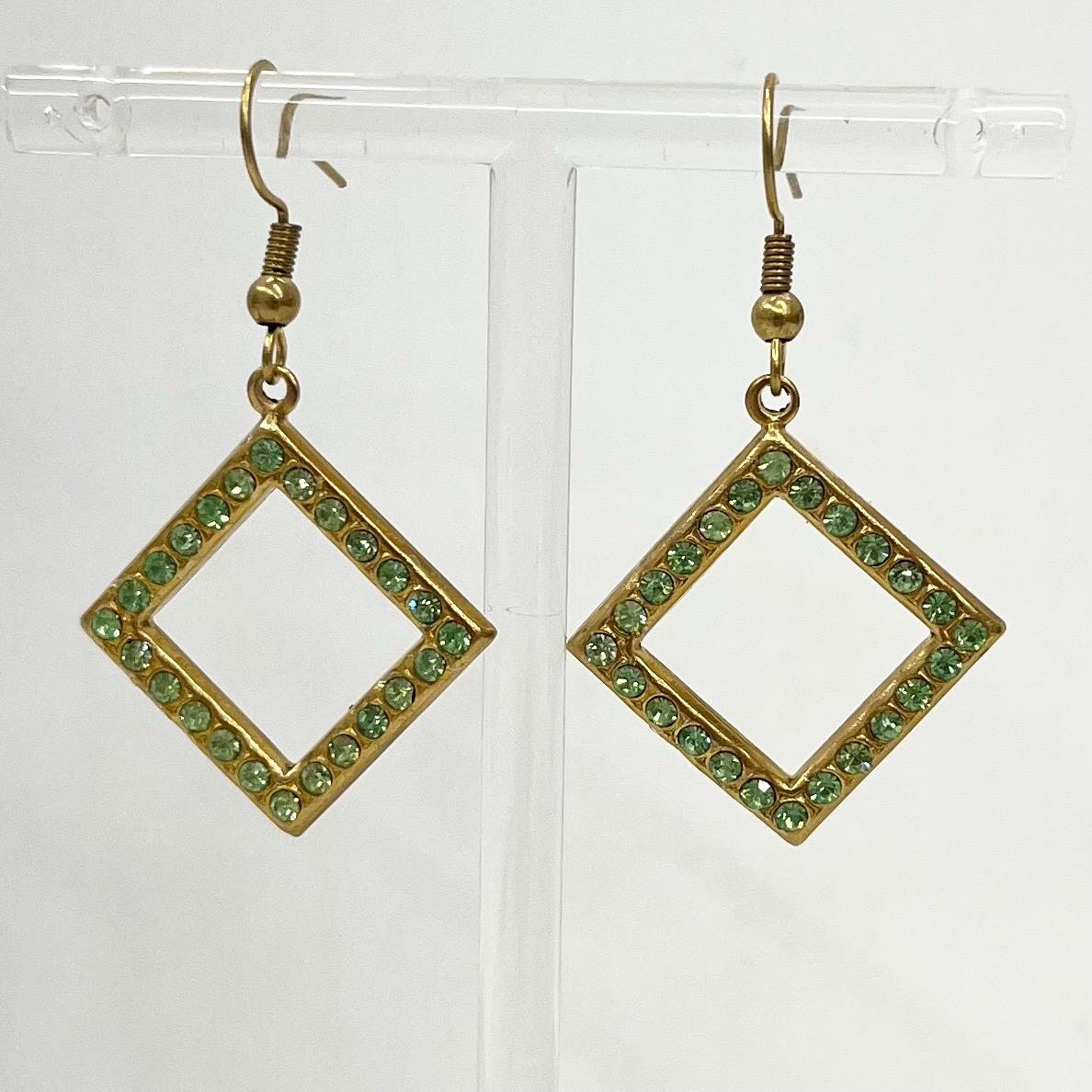 Square Drop Green Uranium Glass Gold Tone Earrings MillyOliverVintage