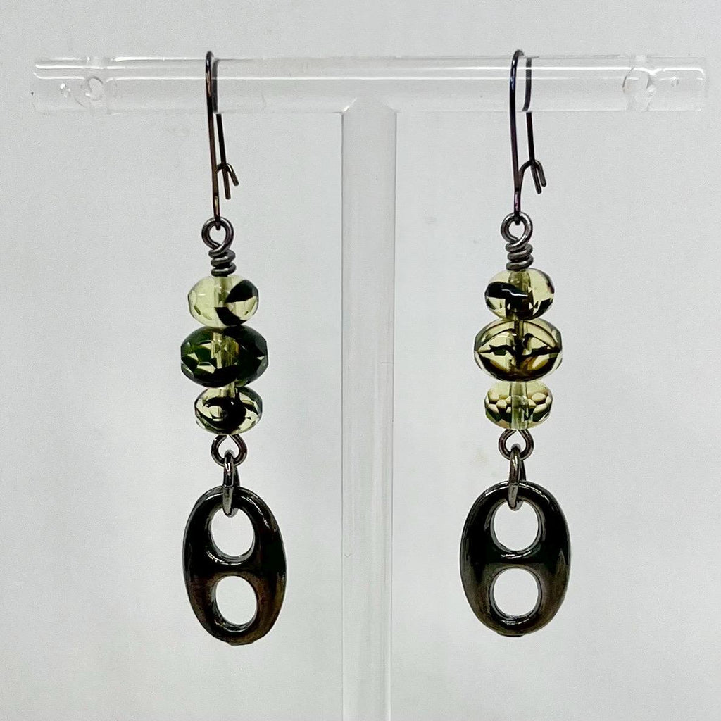 Gunmetal Green Uranium Glass Beaded Drop Earrings MillyOliverVintage