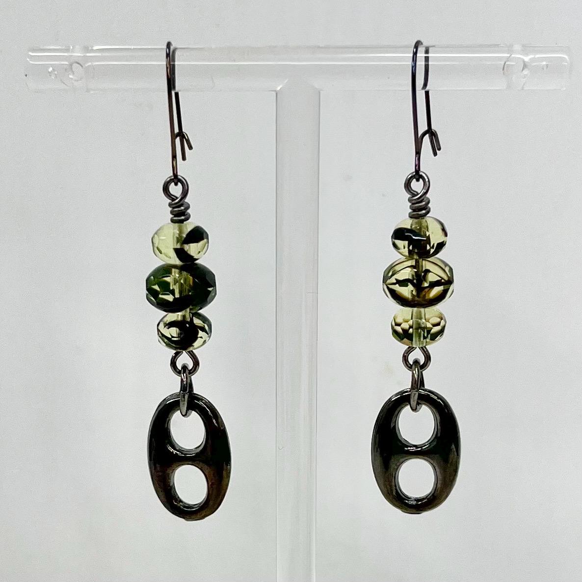 Gunmetal Green Uranium Glass Beaded Drop Earrings MillyOliverVintage