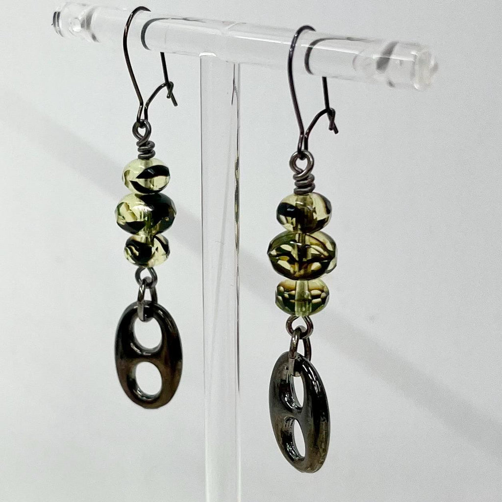 Gunmetal Green Uranium Glass Beaded Drop Earrings MillyOliverVintage
