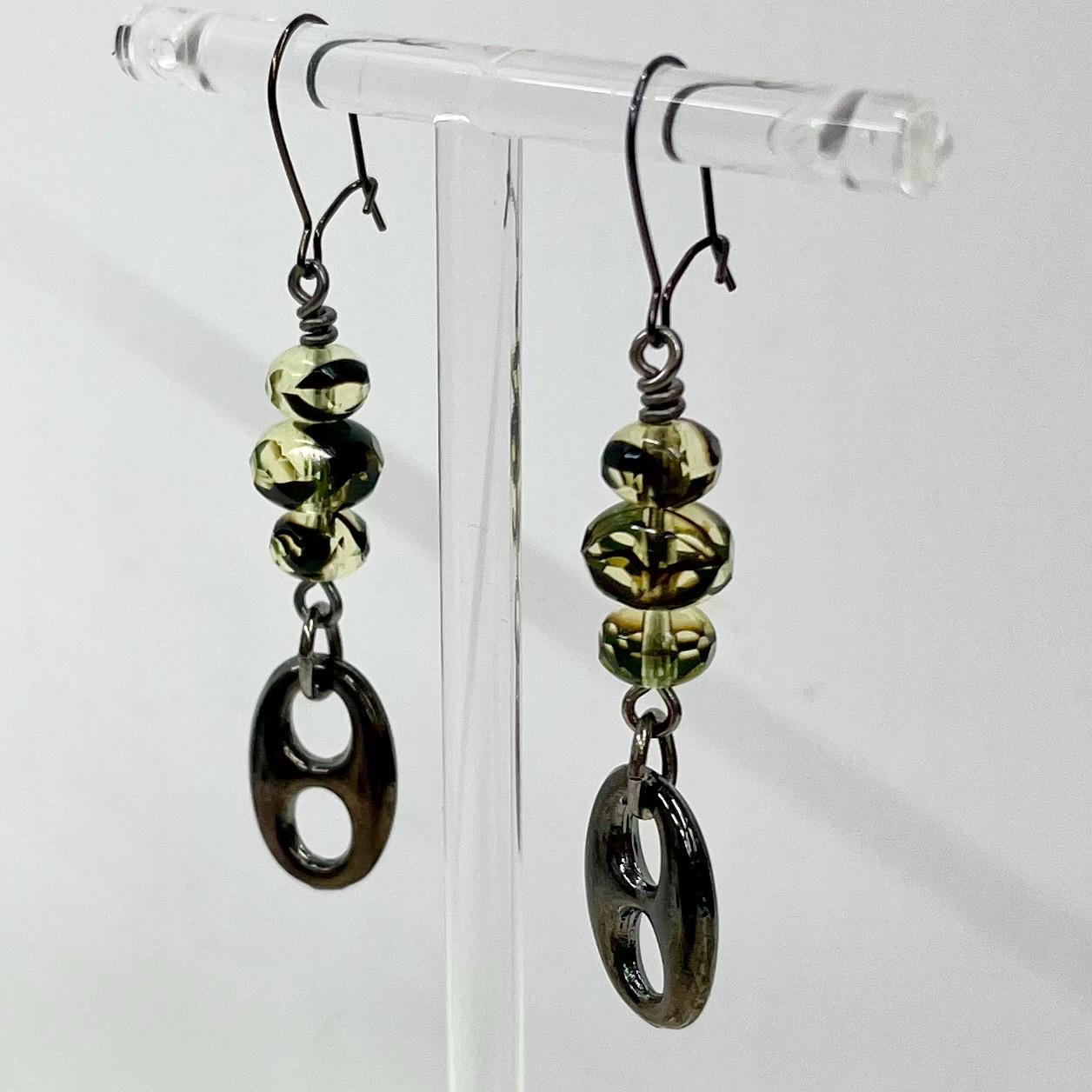 Gunmetal Green Uranium Glass Beaded Drop Earrings MillyOliverVintage