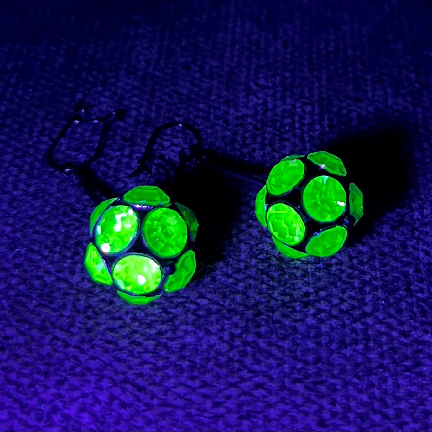 Black & Gunmetal Grey Colour Green Uranium Crystal Ball Drop Earrings MillyOliverVintage