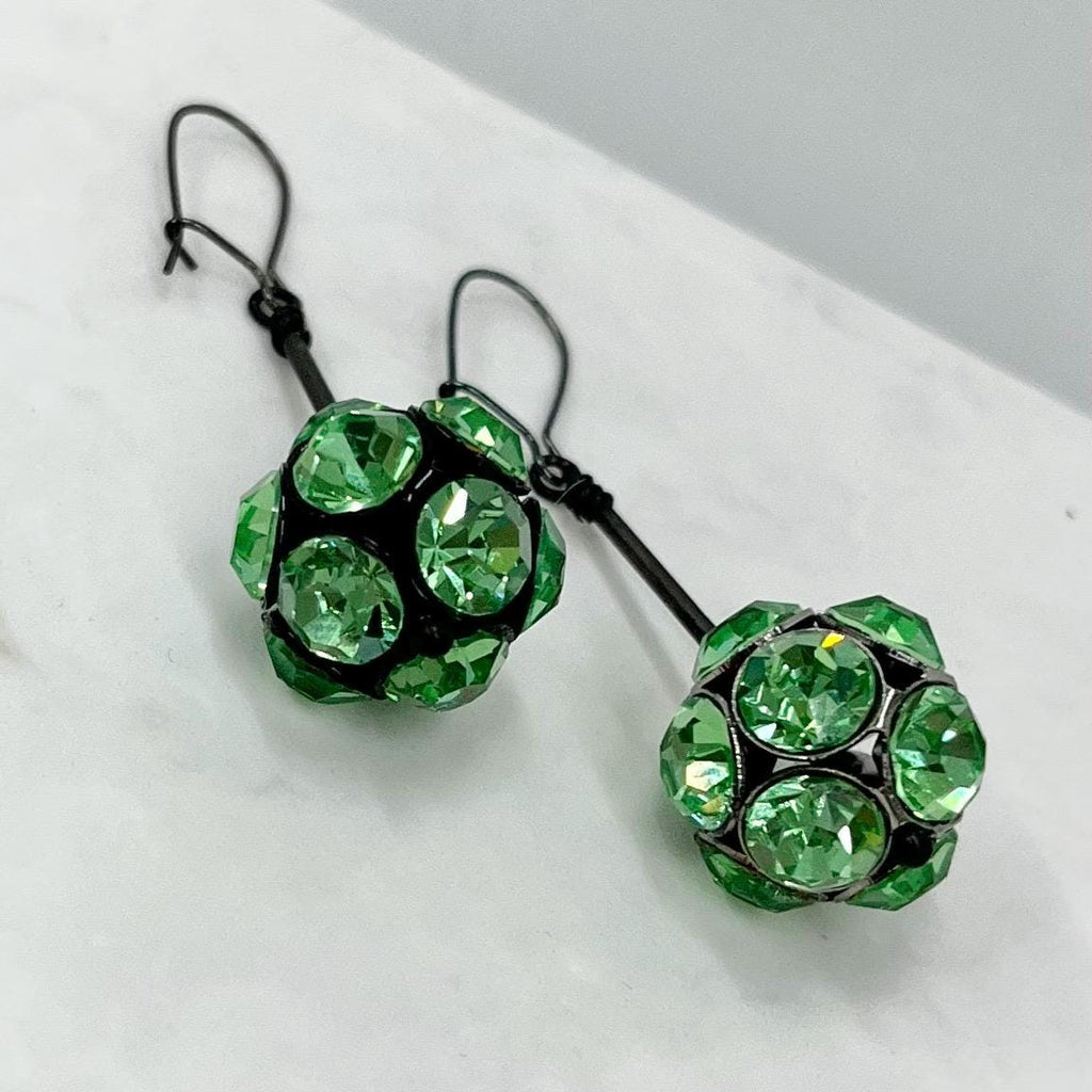 Black & Gunmetal Grey Colour Green Uranium Crystal Ball Drop Earrings MillyOliverVintage