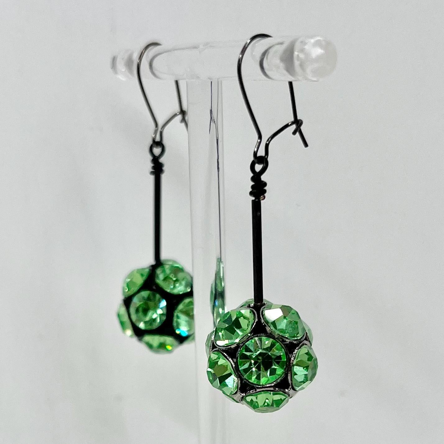 Black & Gunmetal Grey Colour Green Uranium Crystal Ball Drop Earrings MillyOliverVintage