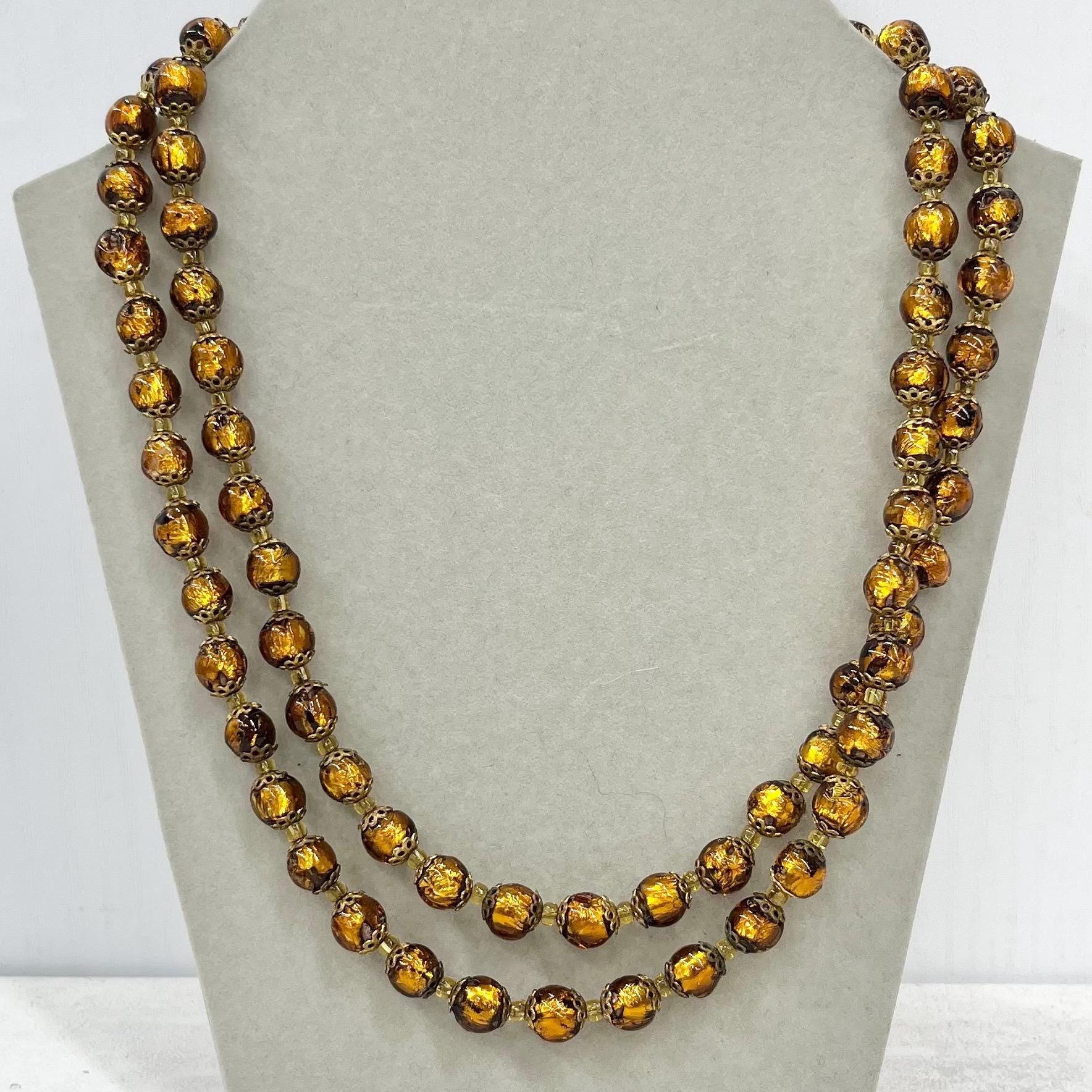 Vintage Gold Foil Lampwork Glass Bead Hand Necklace 36” Long with a Brass Barrel Clasp Stunning Handmade Lampwork Beads MillyOliverVintage