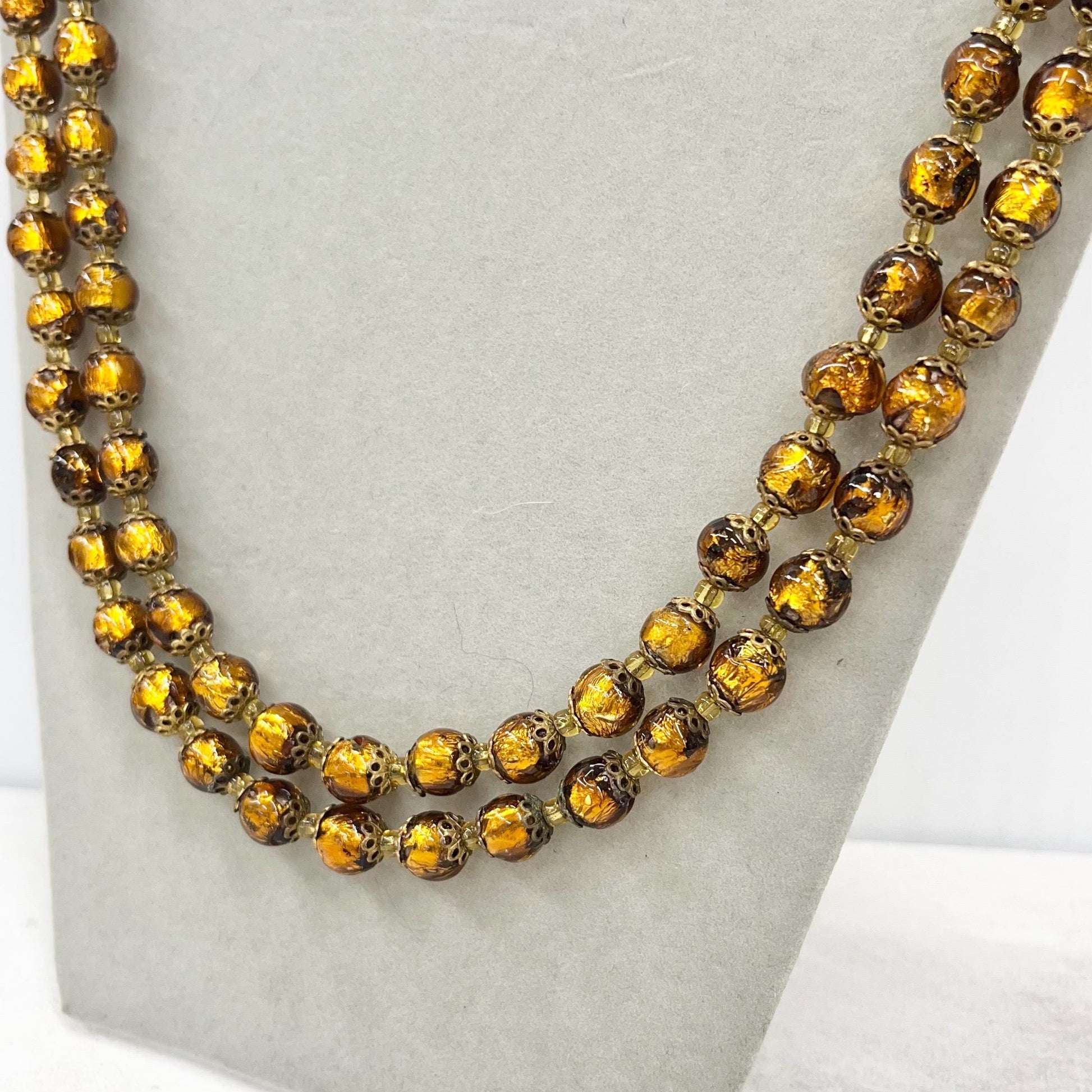 Vintage Gold Foil Lampwork Glass Bead Hand Necklace 36” Long with a Brass Barrel Clasp Stunning Handmade Lampwork Beads MillyOliverVintage