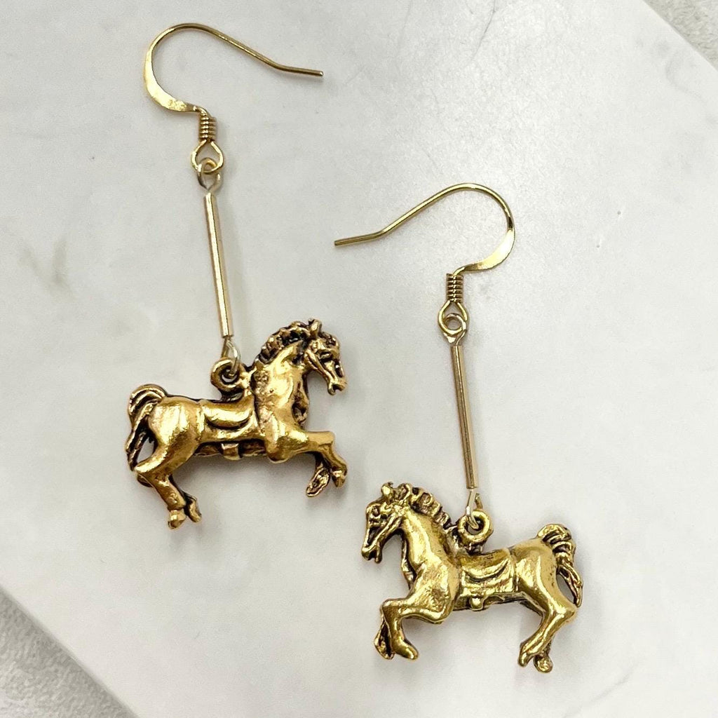 Gold Plate Merry Go Round Galloping Horse Drop Earrings Handmade MillyOliverVintage