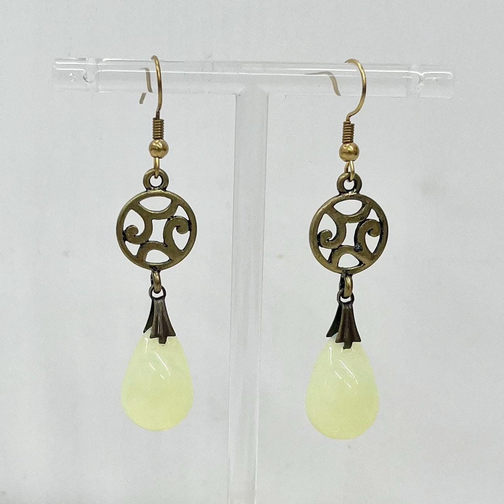 Uranium Teardrop Glass Brass Toned Filigree Drop Earrings: Vintage Czech Glass Beads UV Reactive MillyOliverVintage