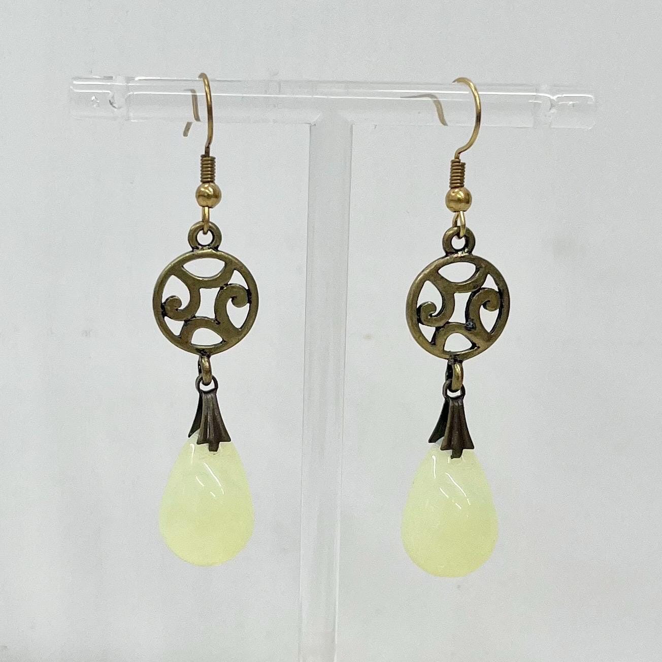 Uranium Teardrop Glass Brass Toned Filigree Drop Earrings: Vintage Czech Glass Beads UV Reactive MillyOliverVintage