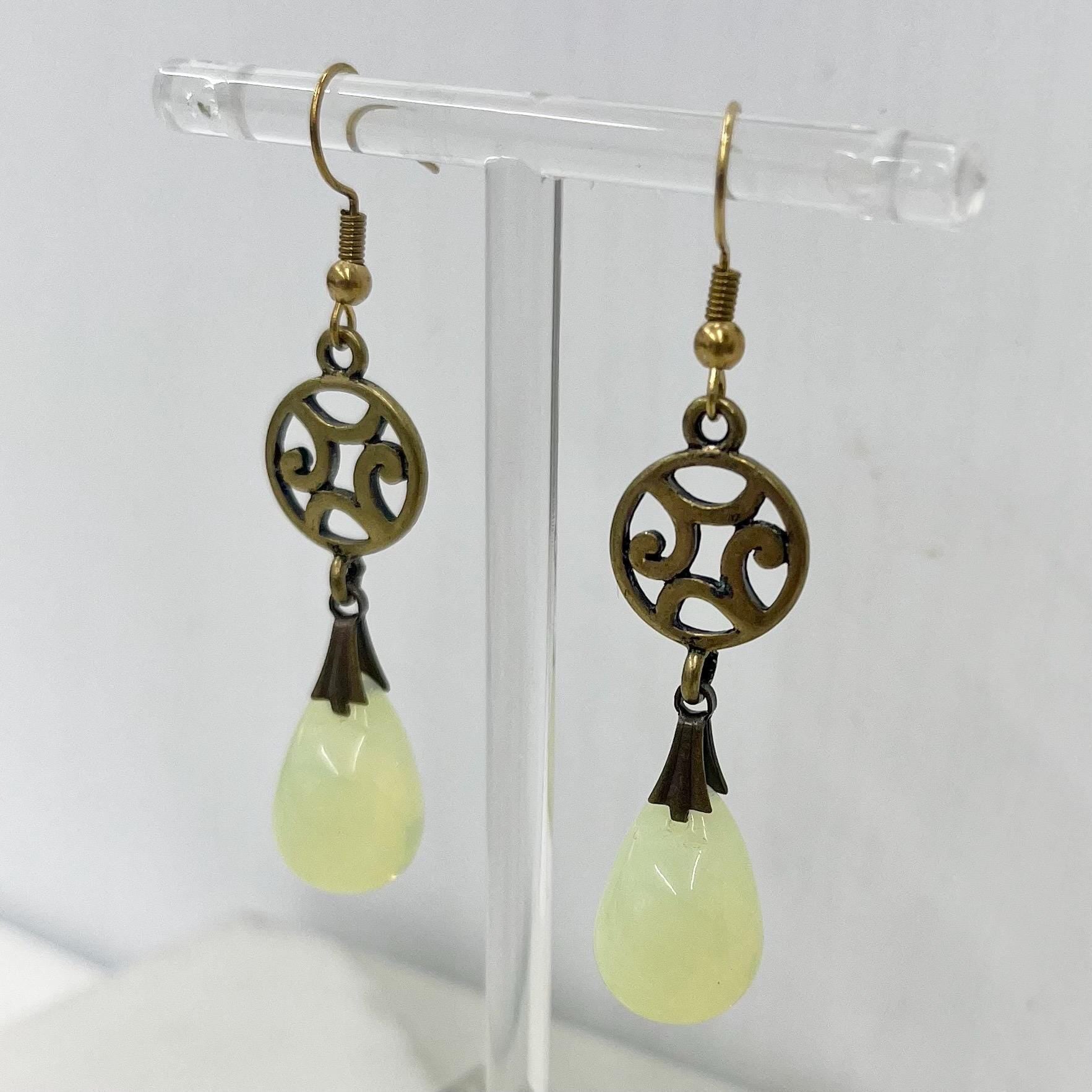 Uranium Teardrop Glass Brass Toned Filigree Drop Earrings: Vintage Czech Glass Beads UV Reactive MillyOliverVintage