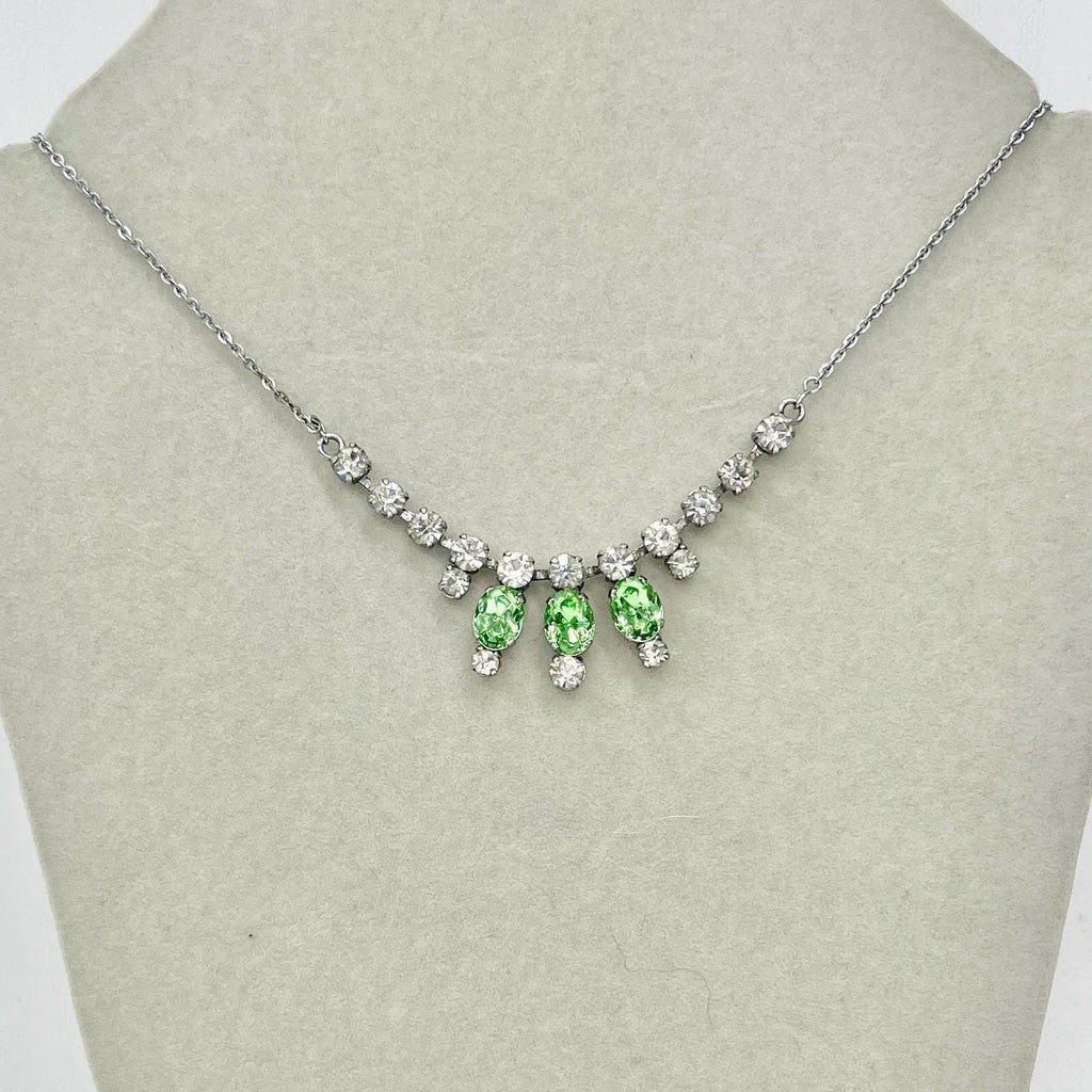 Vintage Green Uranium Glass Crystal Trio Drop Necklace Silver Tone Metal UV Reactive Glow MillyOliverVintage