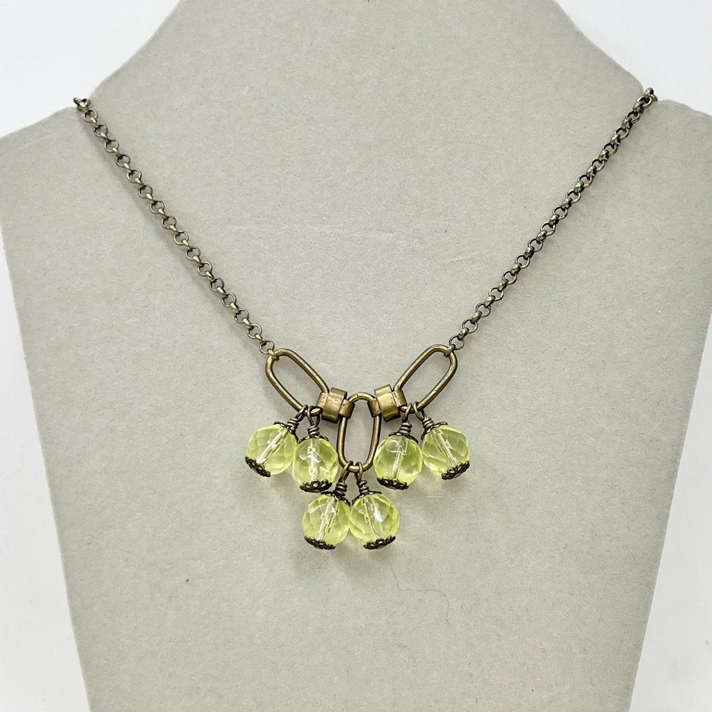 Uranium Glass Bead Drop Necklace: Yellow Crystal, Brass Tone Chain, UV Reactive 16” Long MillyOliverVintage