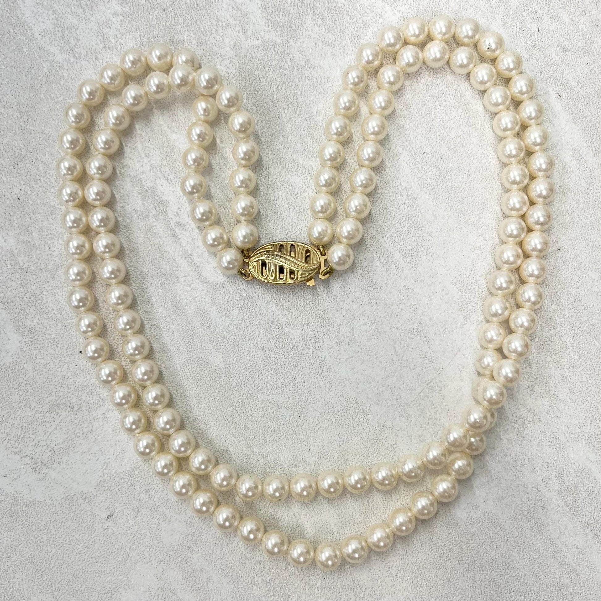 Vintage Two Strand Glass Pearl Bead Necklace with a Gilt Sterling Silver Ornate Clasp MillyOliverVintage