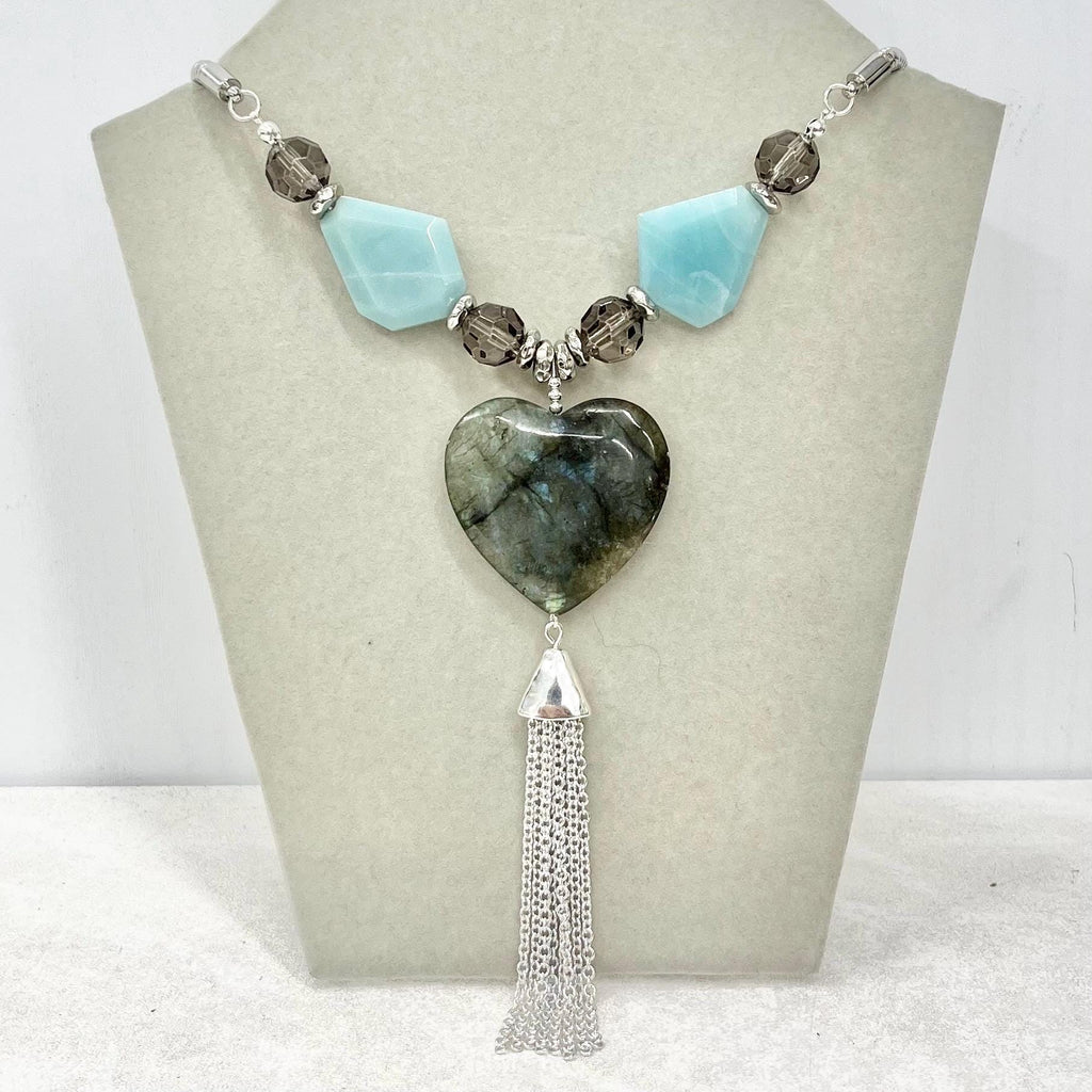 Labradorite Heart Drop Amazonite & Crystal Tassle Pendant Necklace Silver Plated Chain - 18” Long Handmade MillyOliverVintage
