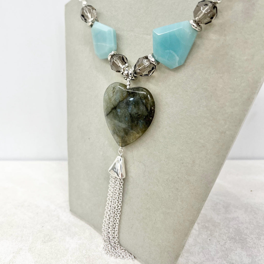 Labradorite Heart Drop Amazonite & Crystal Tassle Pendant Necklace Silver Plated Chain - 18” Long Handmade MillyOliverVintage