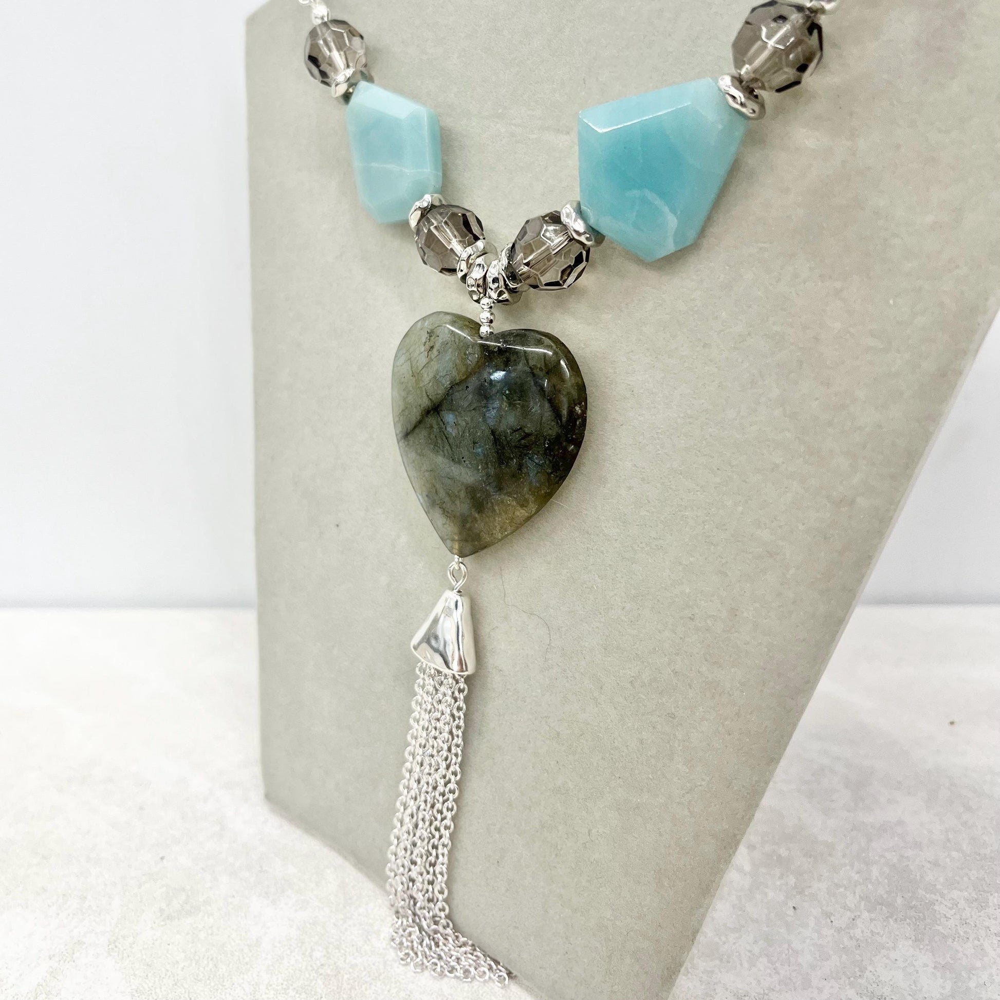 Labradorite Heart Drop Amazonite & Crystal Tassle Pendant Necklace Silver Plated Chain - 18” Long Handmade MillyOliverVintage