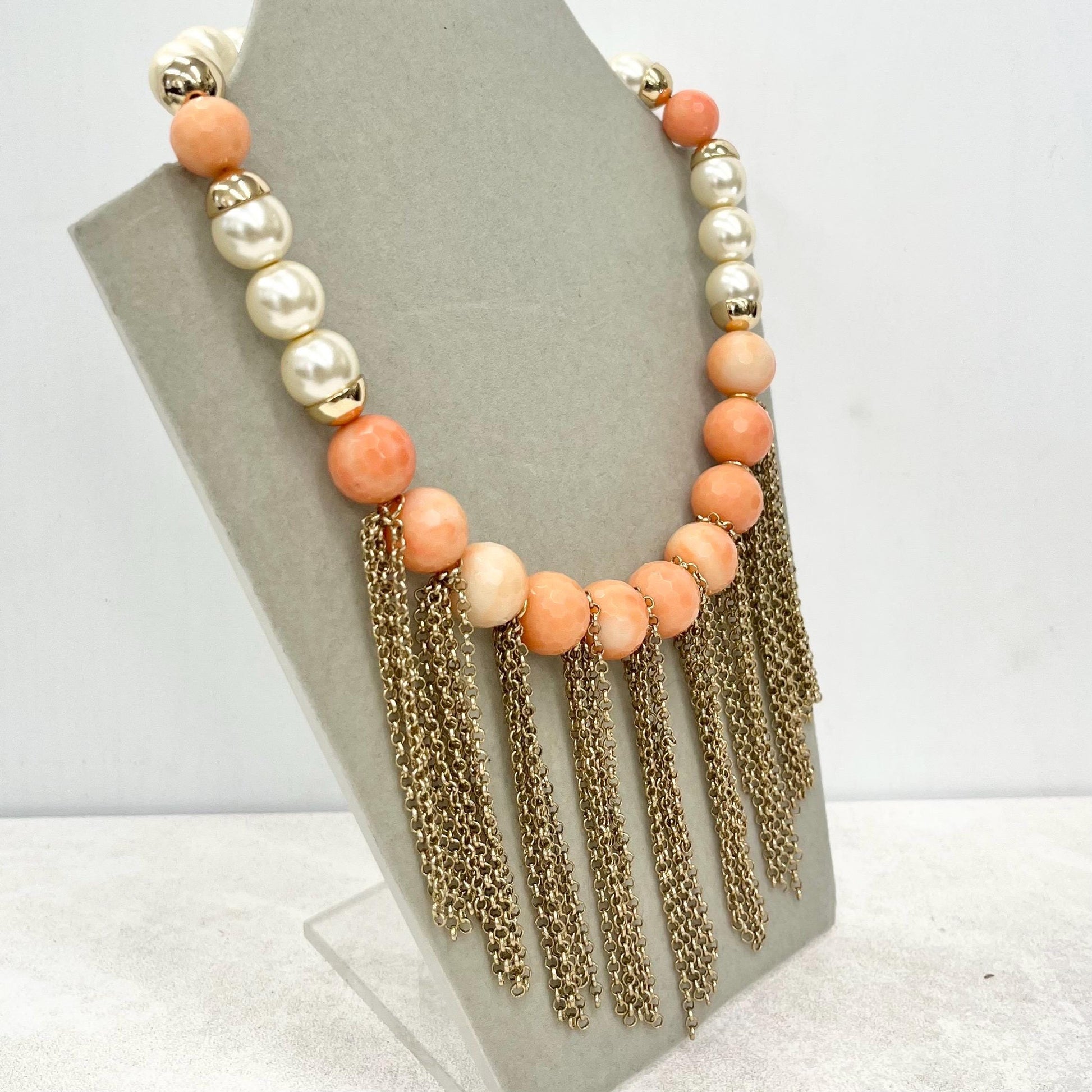 Faceted Pink Coral Bead Necklace with Glass Pearls & Chain Drops 16” Long with a 3” Extender Chain MillyOliverVintage