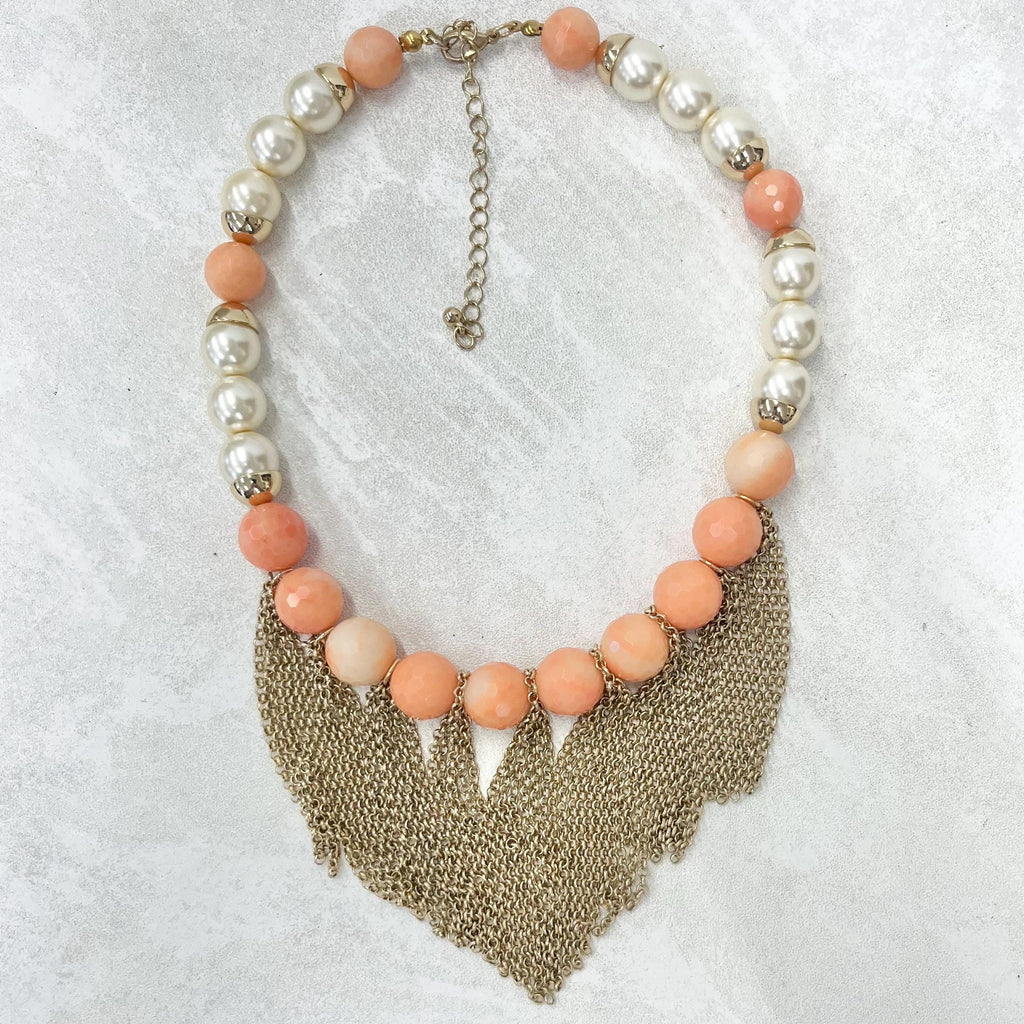 Faceted Pink Coral Bead Necklace with Glass Pearls & Chain Drops 16” Long with a 3” Extender Chain MillyOliverVintage