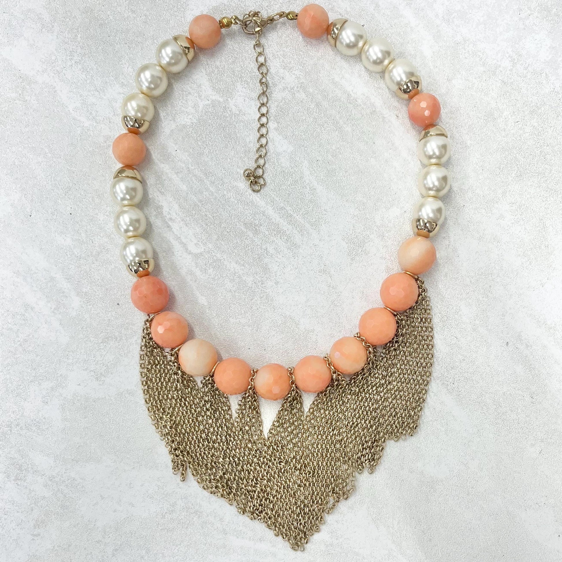 Faceted Pink Coral Bead Necklace with Glass Pearls & Chain Drops 16” Long with a 3” Extender Chain MillyOliverVintage