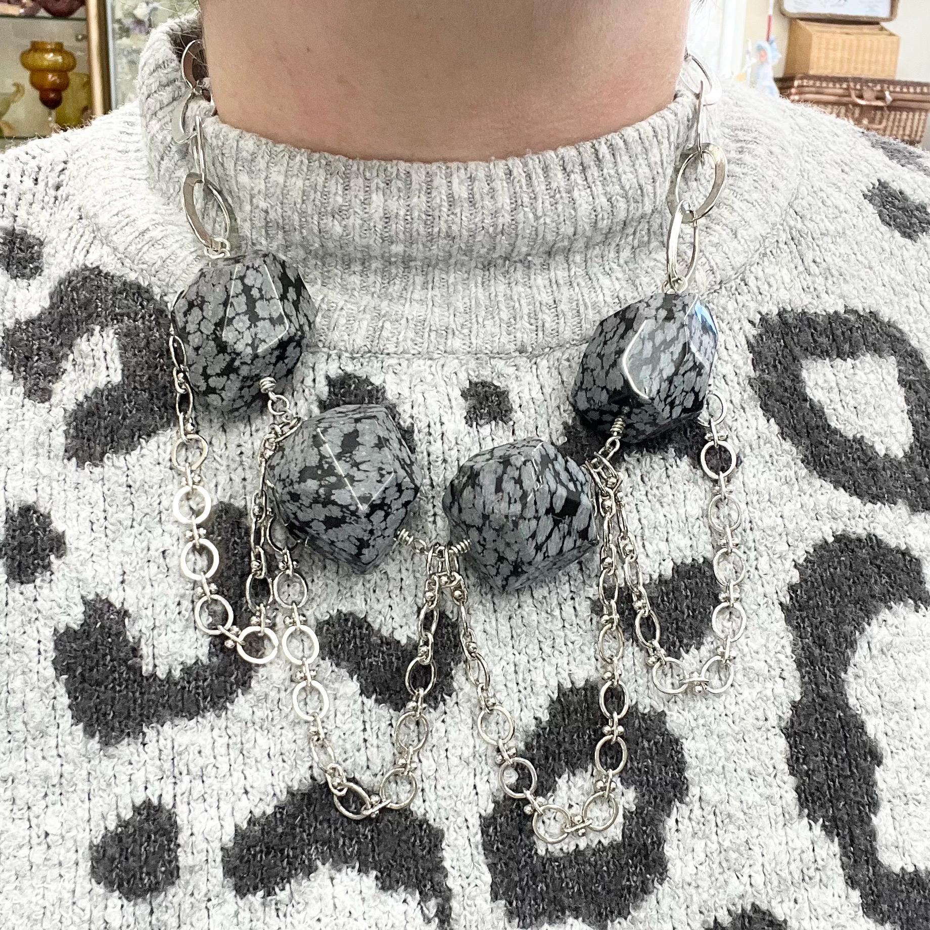 Contemporary Chunky Snowflake Obsidian Bead Statement Necklace with a Silver Plate Chain 18” Long MillyOliverVintage