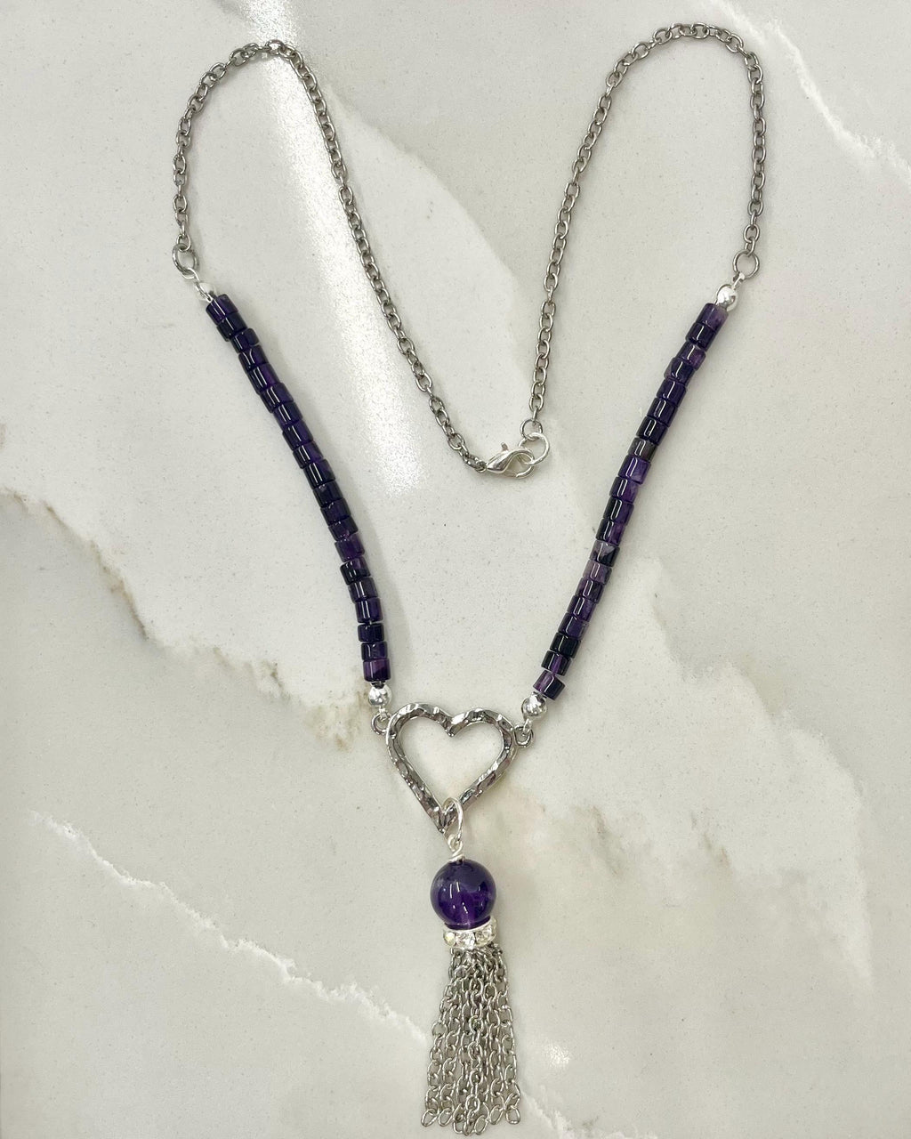Amethyst Heart Drop Tassle Pendant Necklace Silver Plated Chain - 16” Long Handmade MillyOliverVintage