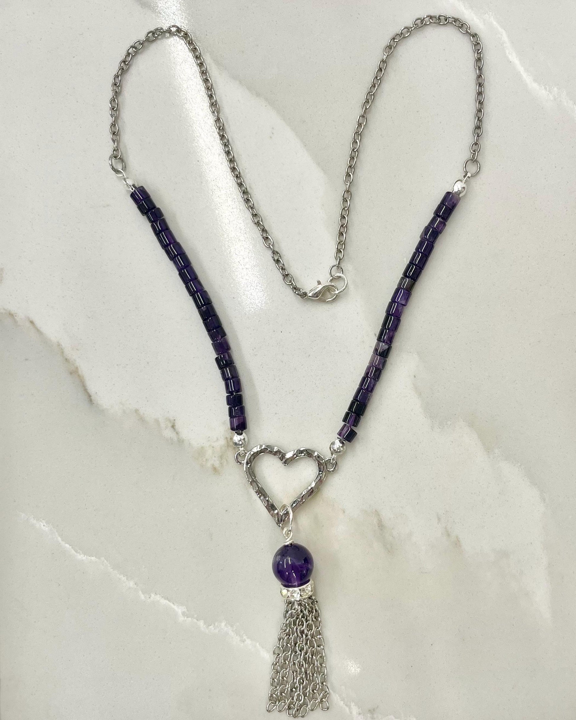 Amethyst Heart Drop Tassle Pendant Necklace Silver Plated Chain - 16” Long Handmade MillyOliverVintage