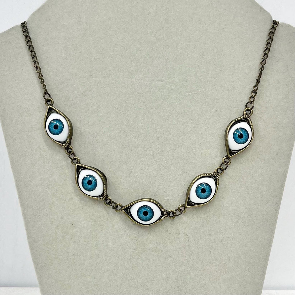 Vintage 1990’s Glass Blue Eye Necklace: Brass Tone Chain MillyOliverVintage