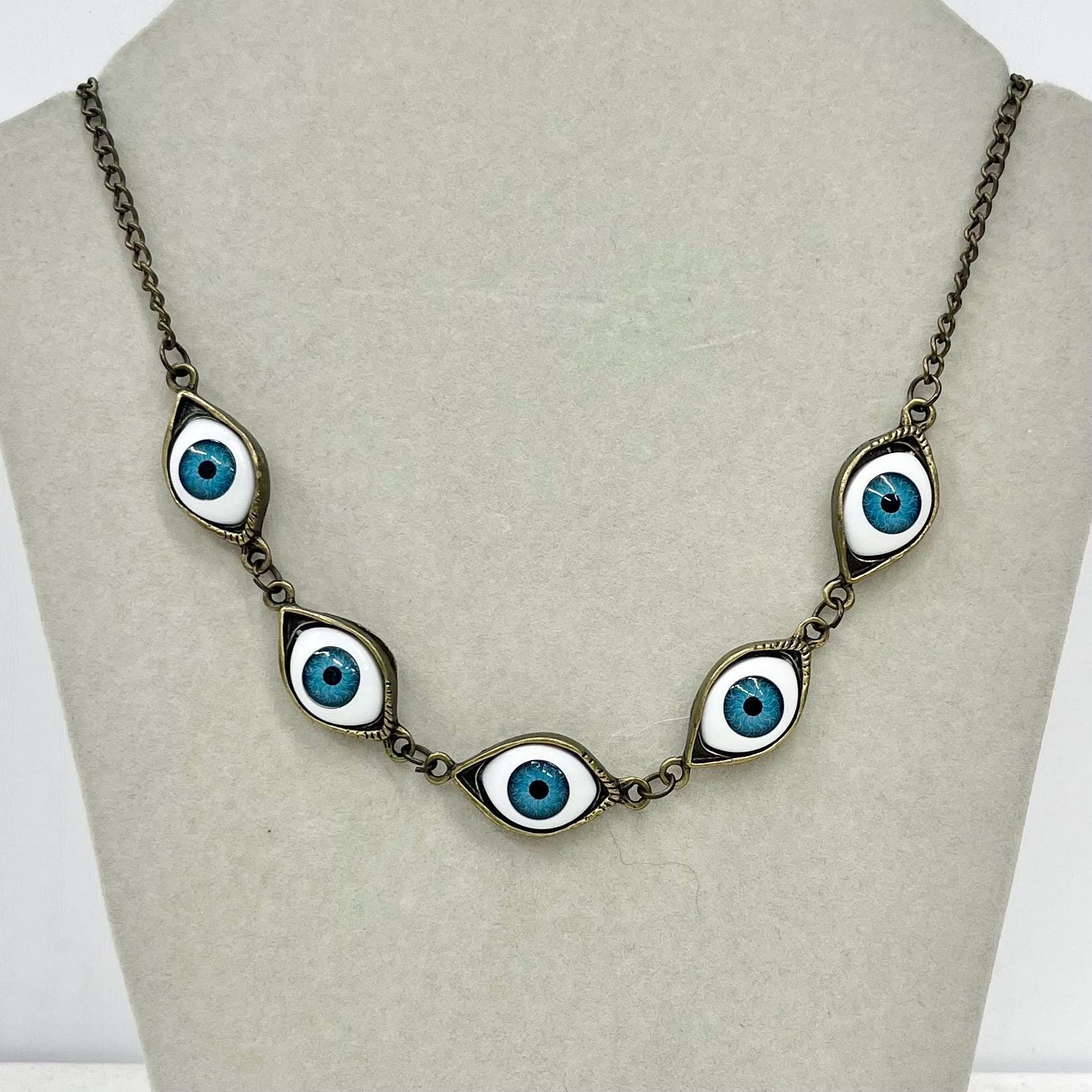 Vintage 1990’s Glass Blue Eye Necklace: Brass Tone Chain MillyOliverVintage