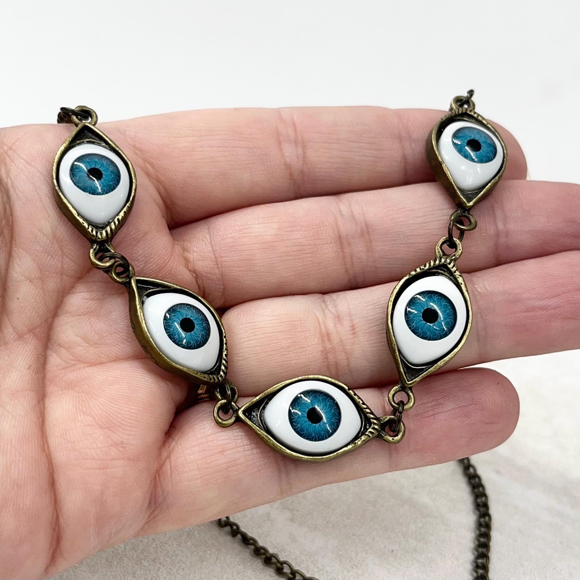 Vintage 1990’s Glass Blue Eye Necklace: Brass Tone Chain MillyOliverVintage