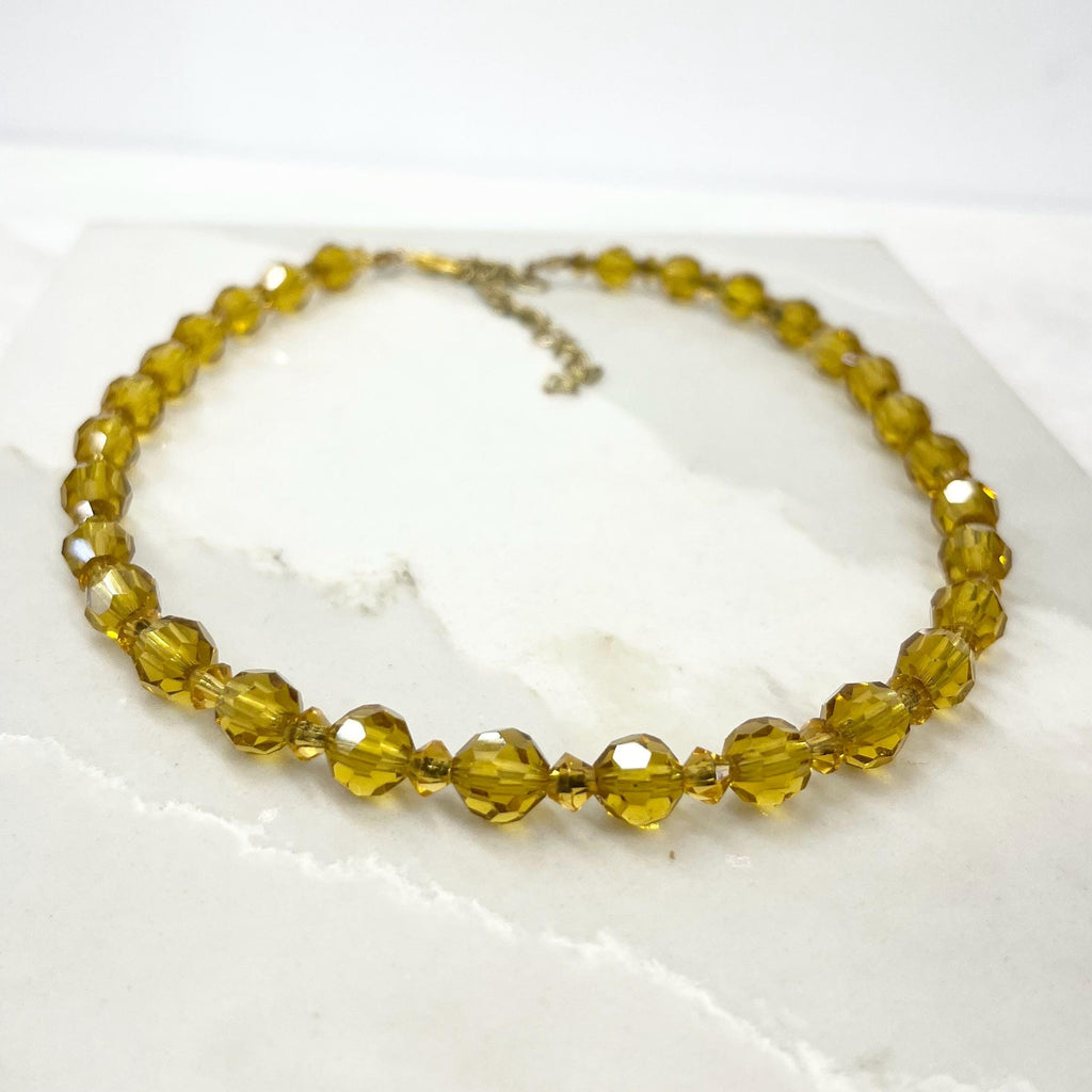 Vintage Amber Yellow Faceted Glass Manganese / Uranium Crystal Bead Necklace Green UV Reactive Glow Jewellery 15.5” MillyOliverVintage
