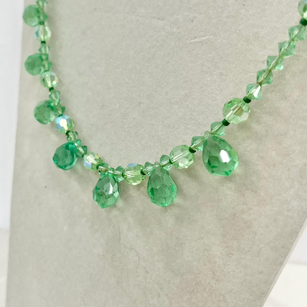 Vintage Green Uranium Crystal Bead Droplet Necklace UV Reactive Glow 19” Long MillyOliverVintage