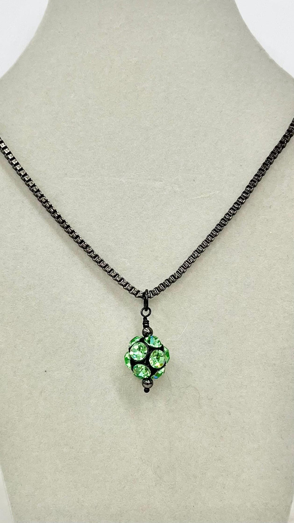 Green Uranium Glass Disco Bead Drop Necklace on a Gunmetal Coloured Chain 18” with a 3” Extender Chain MillyOliverVintage