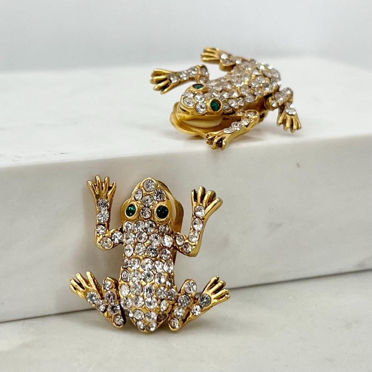 Vintage Askew Signed Gold Tone Diamante Frog Clip On Earrings 1970’s - 1980’s MillyOliverVintage