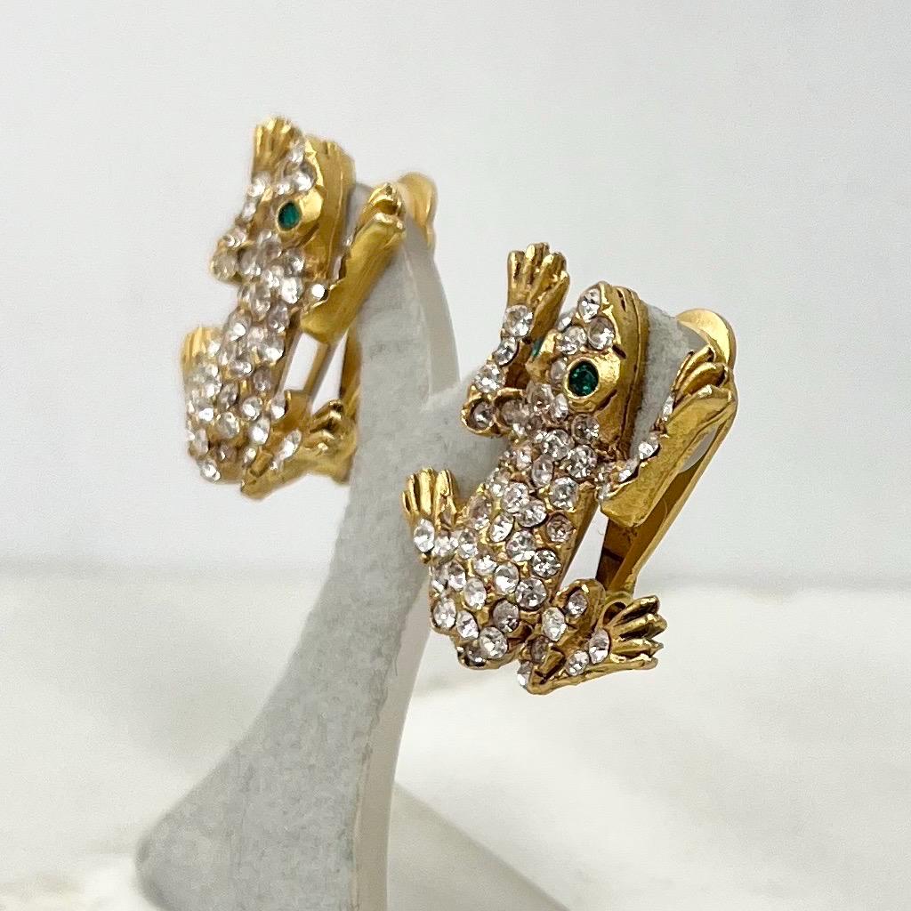 Vintage Askew Signed Gold Tone Diamante Frog Clip On Earrings 1970’s - 1980’s MillyOliverVintage