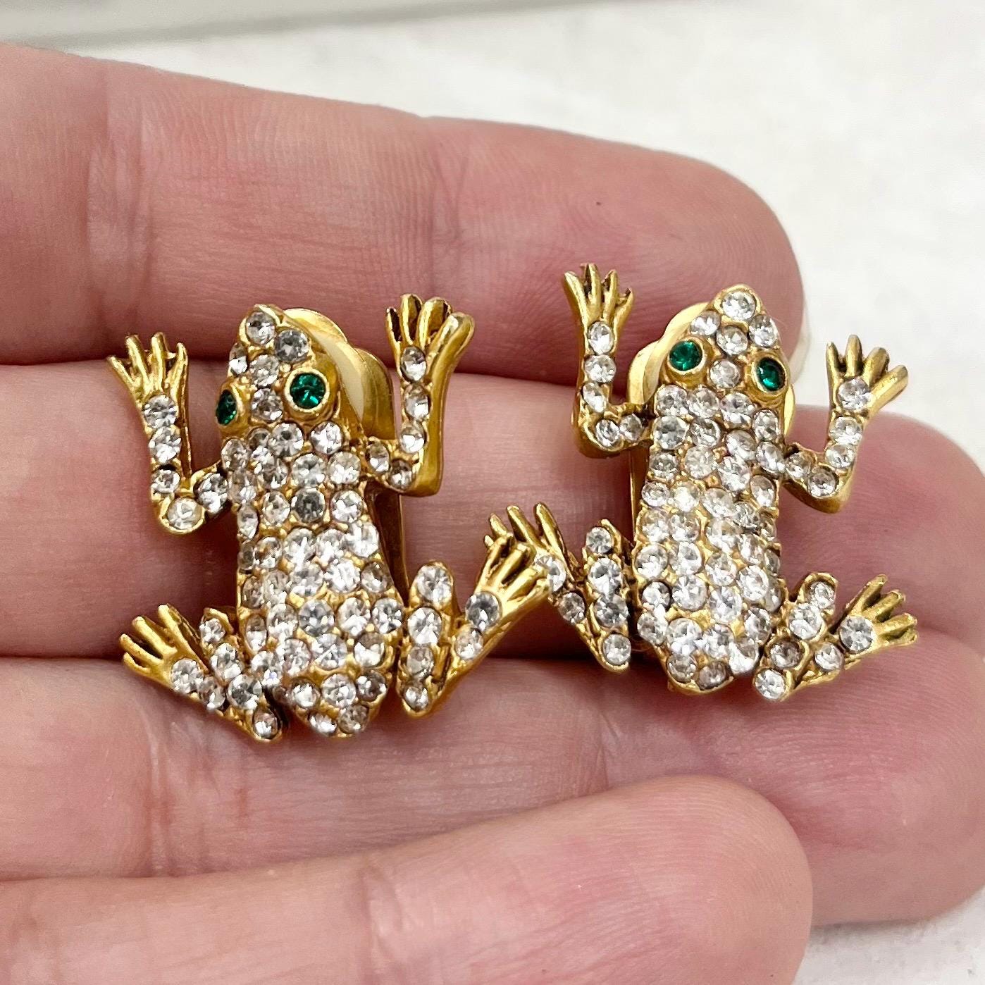 Vintage Askew Signed Gold Tone Diamante Frog Clip On Earrings 1970’s - 1980’s MillyOliverVintage