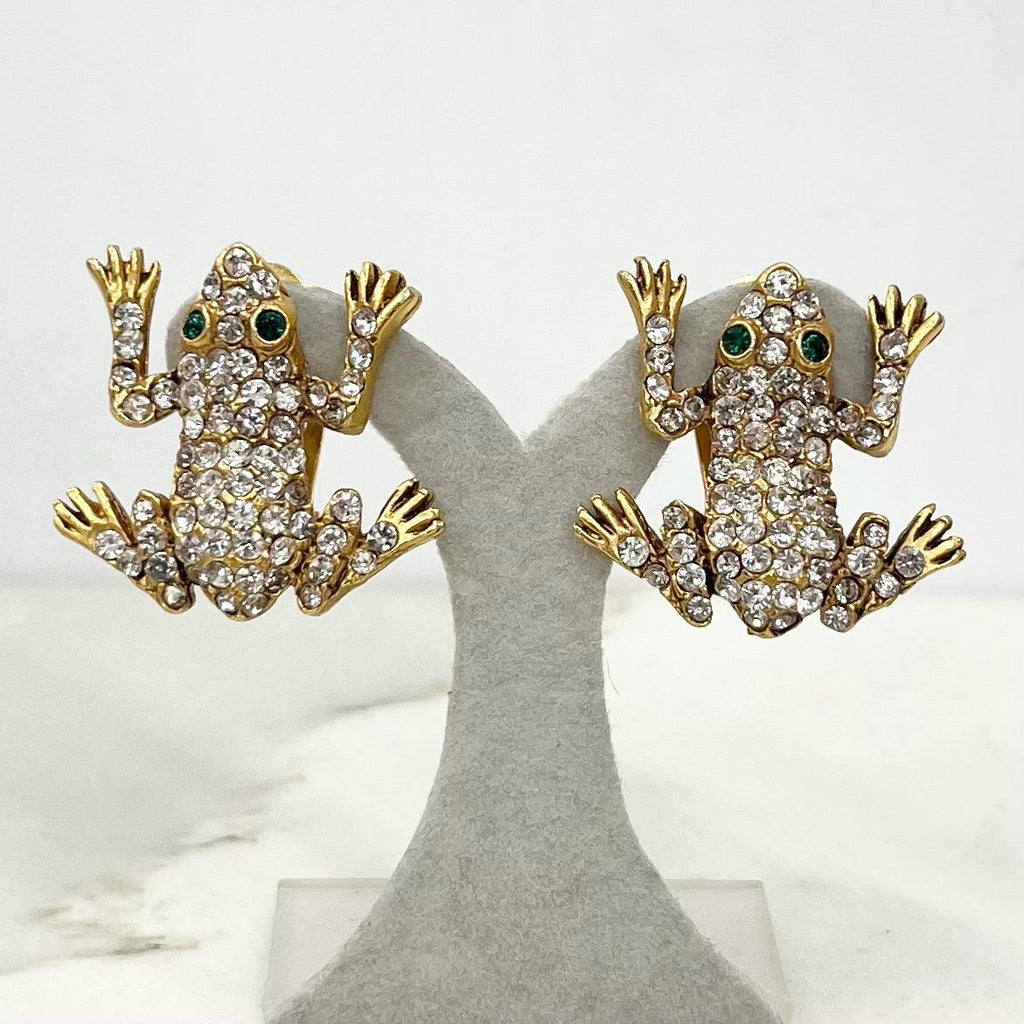 Vintage Askew Signed Gold Tone Diamante Frog Clip On Earrings 1970’s - 1980’s MillyOliverVintage