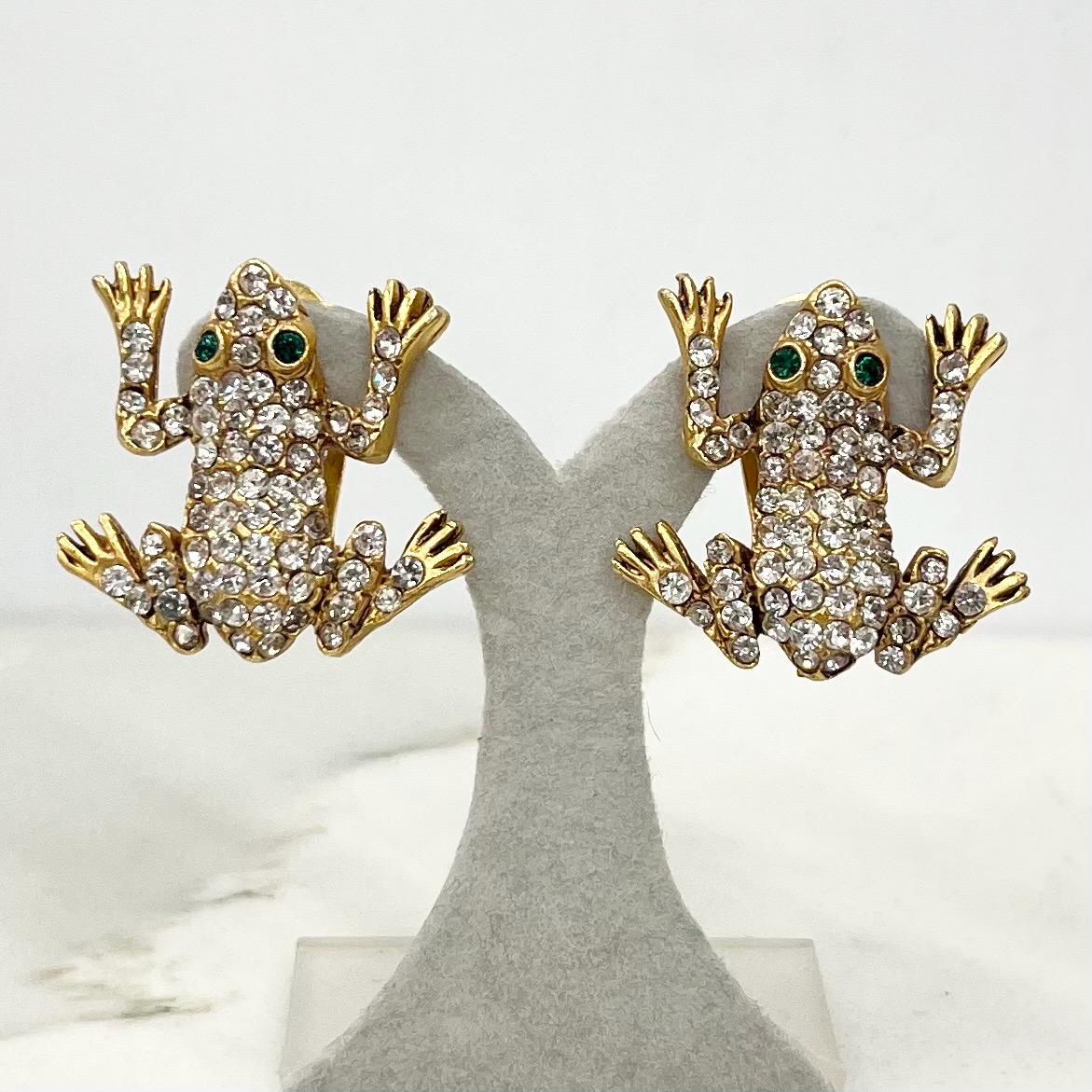 Vintage Askew Signed Gold Tone Diamante Frog Clip On Earrings 1970’s - 1980’s MillyOliverVintage